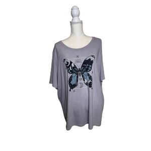 Lucky Brand Women's Purple Bedazzled Butterfly Graphic Oversized Shirt Size XXL